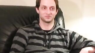 Handsome hunk jerks off his throbbing dick after interview