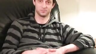 Handsome hunk jerks off his throbbing dick after interview