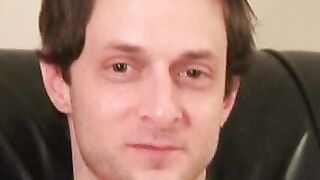 Handsome hunk jerks off his throbbing dick after interview
