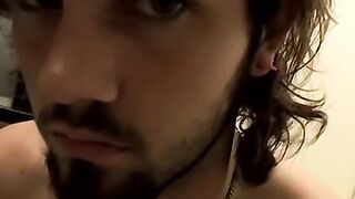 Hairy rock hard cock Bam sprays warm cum after jerking off