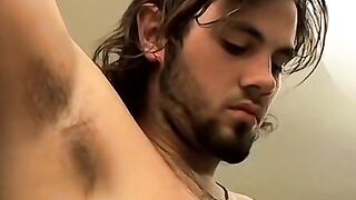 Hairy rock hard cock Bam sprays warm cum after jerking off
