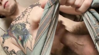 Skinny straight twink with tattoos plays with his dick