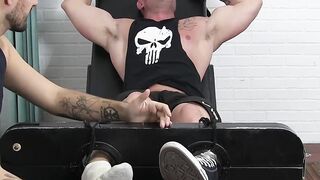 Restrained hunk Joey laughs like crazy while tickled hard