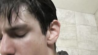 Wild twink Nathan stuffs dildo while wanks off under shower