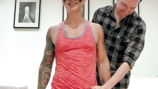 Stud getting sucked and jerked off by older submissive man