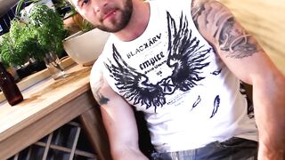 Inked hunk with nipple piercings jizzes after dicksucking