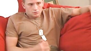 Young military recruit jerks off his big erect cock solo