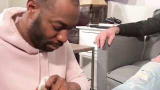 Black stud receives footjob and cums on lovers feet