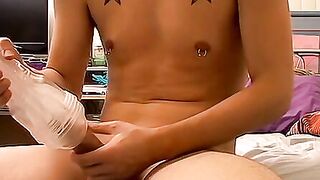 Austin pleasures his dick inside his sexy Fleshjack toy and shoots his load in it