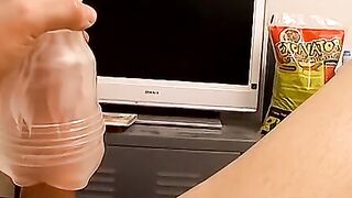 Austin pleasures his dick inside his sexy Fleshjack toy and shoots his load in it