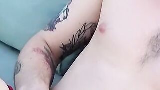 Tattooed twinks blowing clouds of smoke to his dick