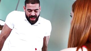 Redhead tranny gives foot job to hunky bearded dude