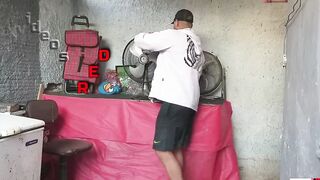 The Bae Mike Beauty into the workshop at home doing maintenance, the delight of Danny sexy brings him a coffee with donut and lots of twat for him