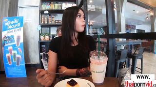 Tattooed amateur Thai 18 yo Miw offering dessert to her euro gf