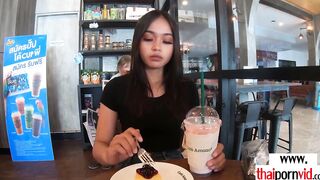 Tattooed amateur Thai 18 yo Miw offering dessert to her euro gf