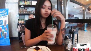 Tattooed amateur Thai 18 yo Miw offering dessert to her euro gf