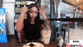 Tattooed amateur Thai 18 yo Miw offering dessert to her euro gf