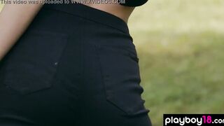 Petite red head russian Hottie Kate Irresistible stripping and chopping the firewood