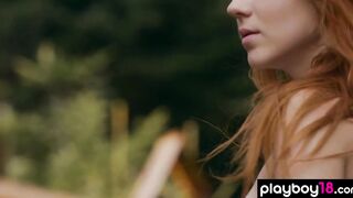 Petite red head russian Hottie Kate Irresistible stripping and chopping the firewood