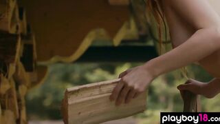 Petite red head russian Hottie Kate Irresistible stripping and chopping the firewood