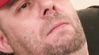 Hot jock masturbates his cock and sprays cum after interview