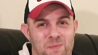 Hot jock masturbates his cock and sprays cum after interview