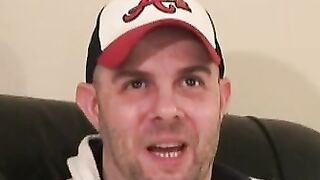 Hot jock masturbates his cock and sprays cum after interview