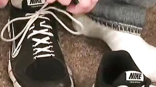 Hot jock masturbates his cock and sprays cum after interview