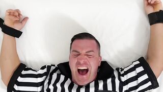 Bound mature hunk laughs while he receives tickling torment