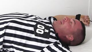 Bound mature hunk laughs while he receives tickling torment