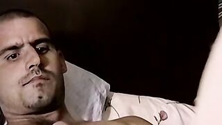 Hairy amateur with fat cock solo strokes and cums on himself