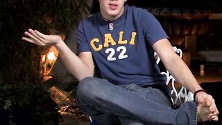 Interviewed young twink Jordan Long masturbates and cums