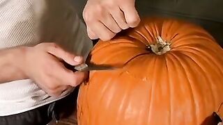 Billy and Chain carves holes on pumpkin and fucks