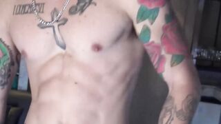 Tattooed straight jock jerks off his big cock for cash