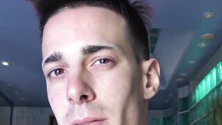 Tattooed straight jock jerks off his big cock for cash