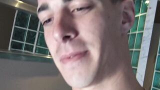 Tattooed straight jock jerks off his big cock for cash
