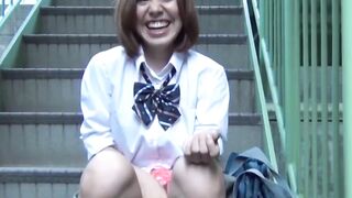 Very pretty Japanese schoolgirls masturbate in public