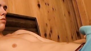 Adorable young twink masturbates big dick solo and cums
