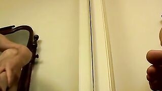 Horny Billy jerks big cock and blasts cum in the mirror