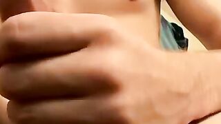 Horny Billy jerks big cock and blasts cum in the mirror