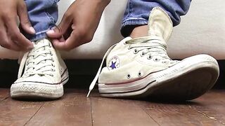 Horny black amateur smells his own shoes while masturbating