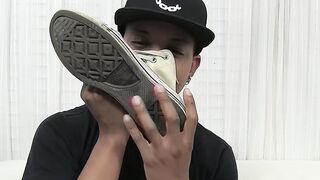 Horny black amateur smells his own shoes while masturbating