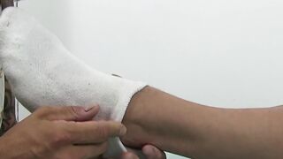 Bearded homo licks feet while muscular hunky dude masturbate