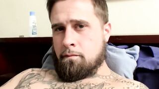 Jacque Gosling gets his shaved cock out and rubs it to a full hard one