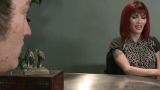 Redhead shemale Eva Lin anal fucks Mike J in the office