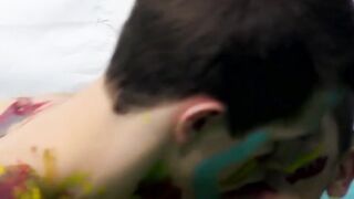 Thin twink sweethearts trade sensual caresses until spilling cum