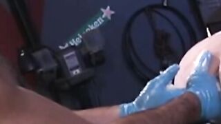 Brock tries to follow Steve's swelteringly hot ass as he stands up on the workbench f