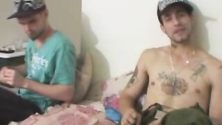 Tattooed young men drilling natural tits blonde hardcore