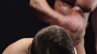 Suited Myles Landon licked balls in a bareback ass fucking session with twink Austin