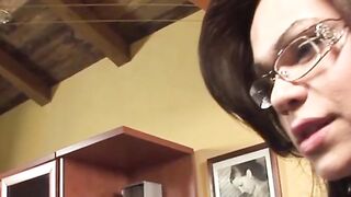 TS lady jerking off while being fucked in threesome